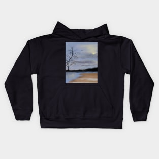 Cloudy beach scene with lone tree and nesting birds Kids Hoodie